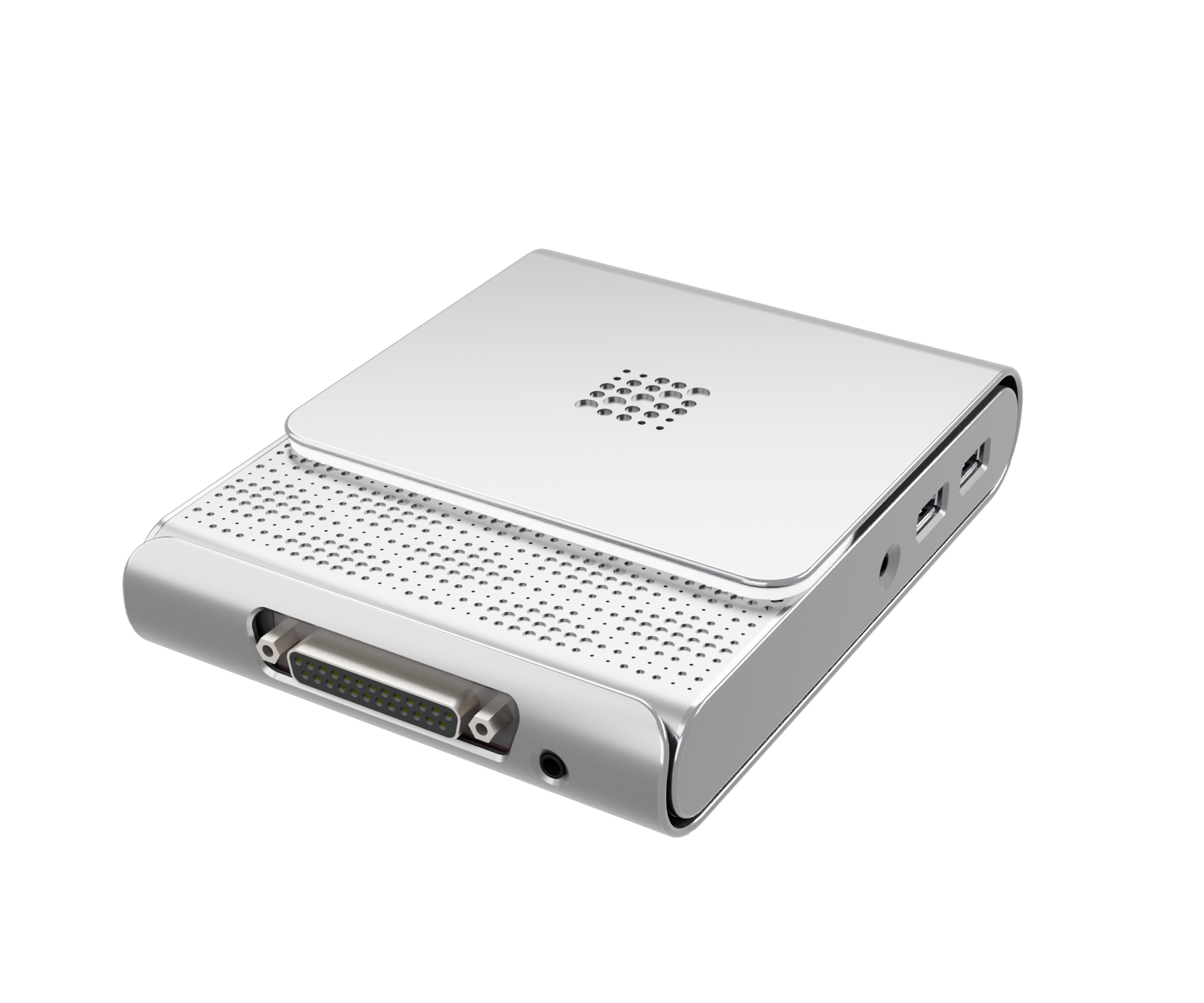 Three-quarter studio render of the Immense EEG device, with its metal enclosure and cap connector